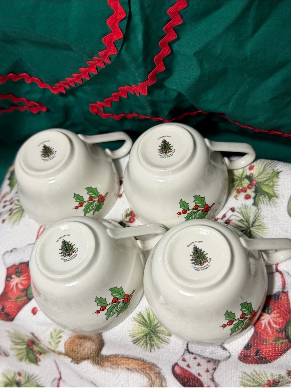 Holiday Holly Ceramic Teacup - White with Green and Red Holly - Cuthbertsone